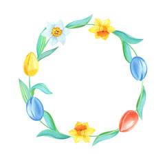 Spring Wreath.Watercolor illustration with colorful tulips,daffodils on a white background.Watercolour bouquet