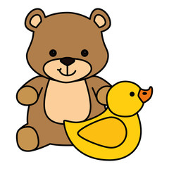 cute teddy bear with duck rubber isolated icon vector illustration design