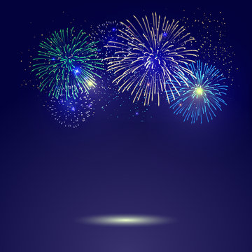 Colorful firework vector pattern on dark background.