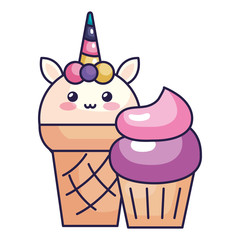 cute unicorn ice cream with cupcake vector illustration design