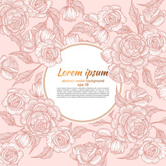 Card with flowers of roses. Floral pattern and place for text insertion. Greeting card or wedding invitation. vector illustration.