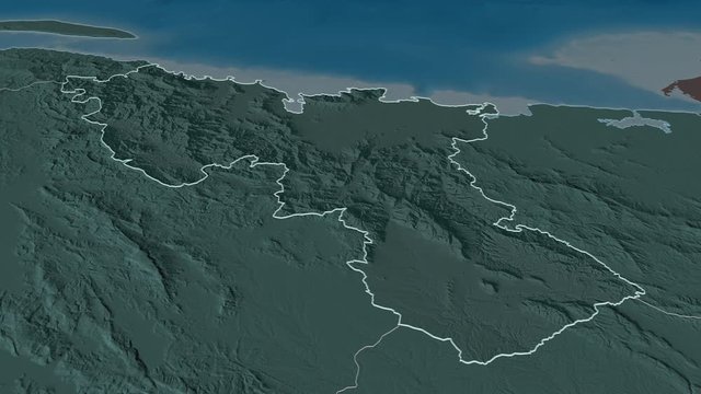 Nord, department with its capital, zoomed and extruded on the administrative map of Haiti in the conformal Stereographic projection. Animation 3D