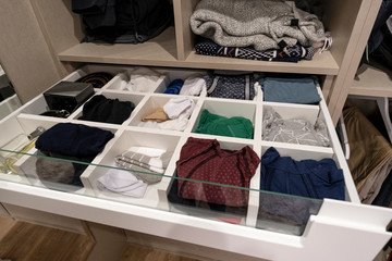 Fototapeta na wymiar underwear tidy in a drawer inside a wardrobe