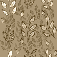 seamless floral pattern with leaves and branches on brown background. Monochrome pattern. Pencil hand drawing. Fashion design. Print, packaging, wallpaper, luxury, textile, fabric design