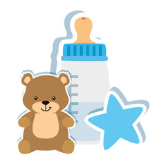 baby bottle milk with teddy bear and star vector illustration design