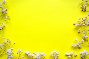 Beautiful frame with white small flowers of gypsophila on a yellow background. Spring, summer wallpaper. Floral composition. Postcard, congratulation. Flat lay, top view, copy  space.