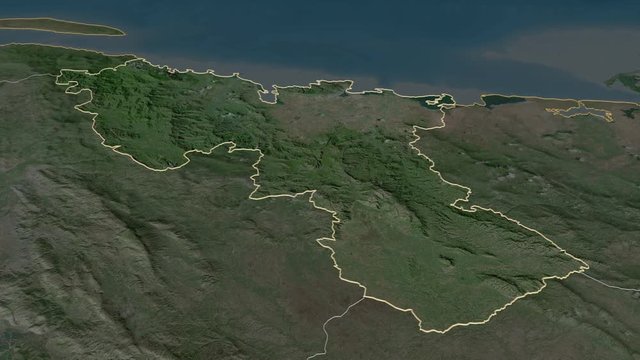 Nord, department with its capital, zoomed and extruded on the satellite map of Haiti in the conformal Stereographic projection. Animation 3D
