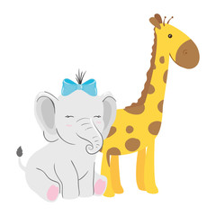 cute giraffe with elephant isolated icon vector illustration design