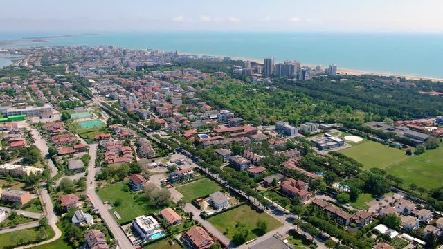 Lignano Sabbiadoro, Italy, an aerial panorama of the city on the coast of the Marano Lagoon.