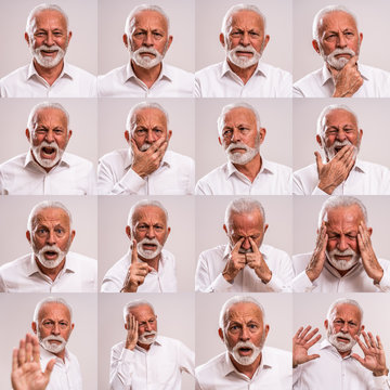 Collage Of Senior Man Portraits With Variety Of Facial Expressions.