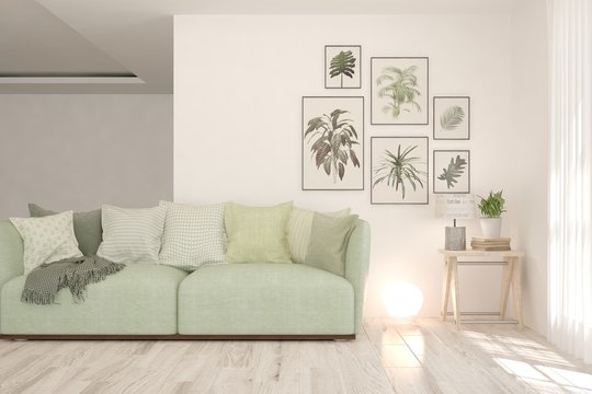 Modern living room in mint color with sofa. Scandinavian interior design. 3D illustration