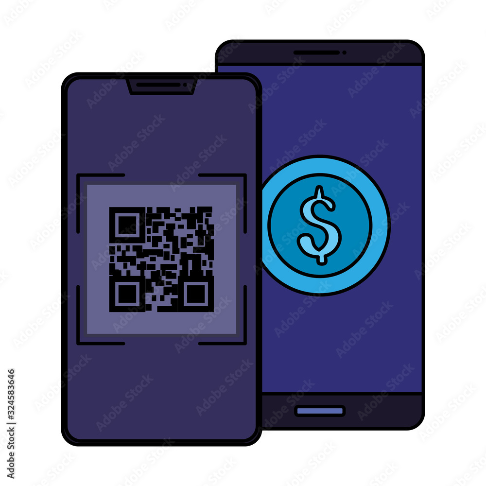 Poster smartphones with scan code qr and coin vector illustration design