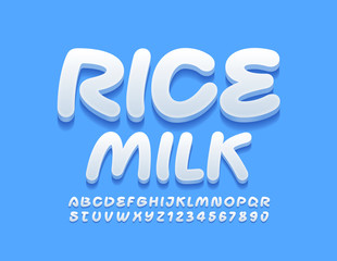 Vector modern logo Rice Milk with white Alphabet Letters and Numbers. Trendy handwritten 3D Font.