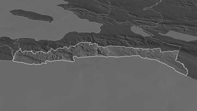 Sud-Est, department with its capital, zoomed and extruded on the bilevel map of Haiti in the conformal Stereographic projection. Animation 3D