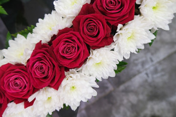 Roses and chrysanthemum  flowers arrangement, white and red roses, small cute flowers.
