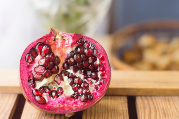 red ripe pomegranate in close-up section