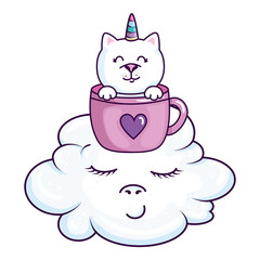 cute cat unicorn in cup with cloud kawaii style vector illustration design