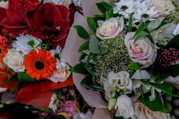 Beautiful bouquet of mixed flowers. Floral shop, flower market. Selective focus.