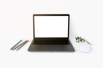 Worktable with laptop and mouse, colorful pencils and green branch isolated on white.