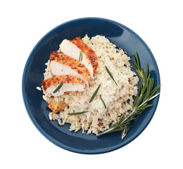 Delicious risotto with chicken isolated on white, top view