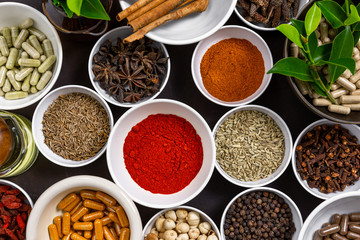 Herbal supplement in capsules with healthy medicinal plant.Alternative drug or natural pharmaceutical capsule.Medication of vitamin supplemental for care and treatment.Top view.