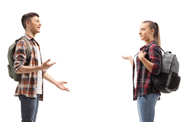 Male and female student talking