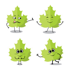 Green leaf cartoon, cute leaf character, leaf with funny expression, 