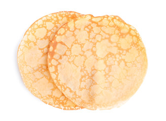 Fresh thin pancakes isolated on white, top view