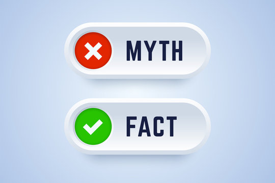 Myth and fact buttons. Banners for true or false facts in 3d style with cross and checkmark symbols. Vector illustration.