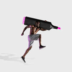 African-american athlete with marker like with barbell on white background. Copyspace. Modern design. Contemporary artwork, collage. Concept of sport, office, work, dreams, business, action.