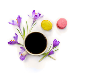 Holiday spring composition, cup coffee, flowers violet crocuses and colorful macaron cookie on a white background with space for text. Top view, flat lay