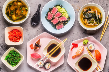 Table with traditional japanese food.