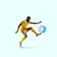 Fototapeta na wymiar Soccer player kicking duct tape like a ball on blue background. Copyspace for your proposal. Modern design. Contemporary artwork, collage. Concept of sport, office, work, dreams, business, action.