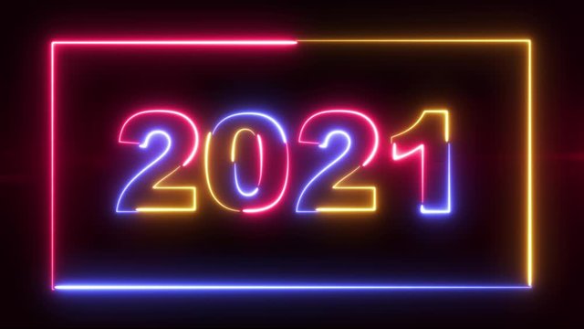 2021 colorful vibrant signboard with neon letters text in red, blue and yellow	