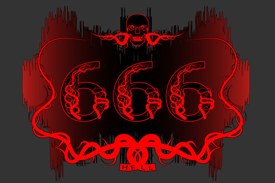 Poster black and red abstract pattern stylistic branches with a skull and numbers 666 EPS10