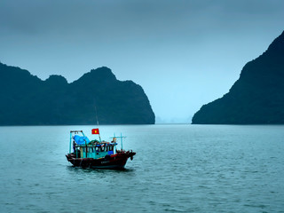 Halong Bay with boats in fog, creating moody colors