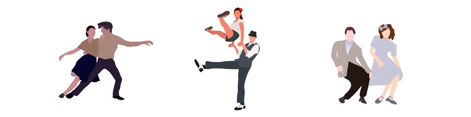 Fototapeta na wymiar Set dancing couples silhouettes on white background. People in 1940s or 1950s style. Men and women on swing, jazz, lindy hop or boogie woogie party. Vector illustration.