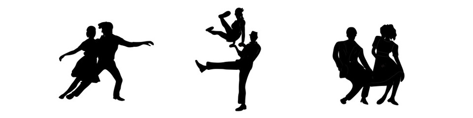 Fototapeta premium Set dancing couples silhouettes on white background. People in 1940s or 1950s style. Men and women on swing, jazz, lindy hop or boogie woogie party. Vector illustration.