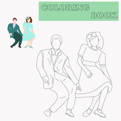 Coloring book or page cartoon of dancing people for kids. Cute colorful cartoon dancers as an example for coloring book. Practice worksheet for preschool and kindergarten. Vector illustration