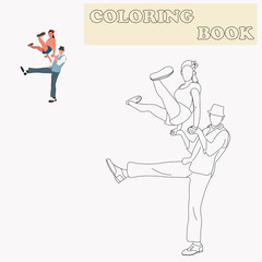 Coloring book or page cartoon of dancing people for kids. Cute colorful cartoon dancers as an example for coloring book. Practice worksheet for preschool and kindergarten. Vector illustration