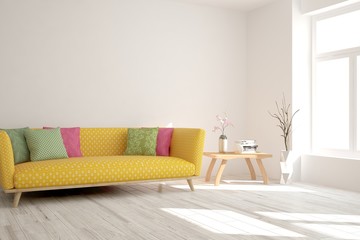 Modern living room in white color with sofa. Scandinavian interior design. 3D illustration
