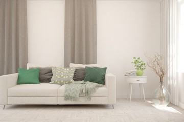 Modern living room in white color with sofa. Scandinavian interior design. 3D illustration