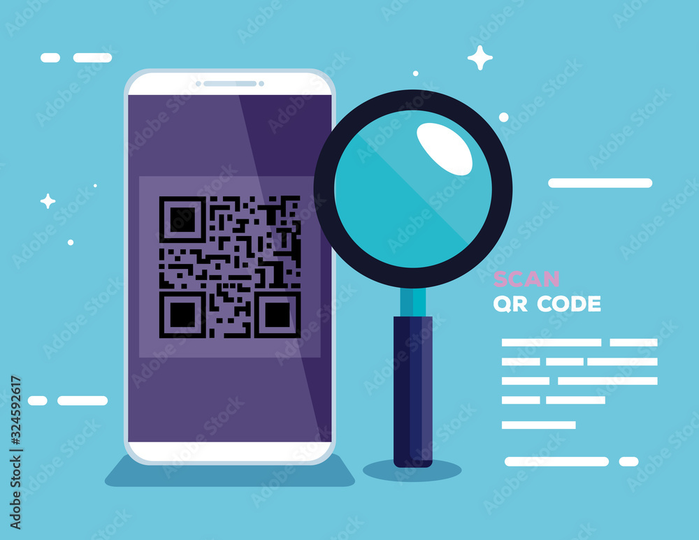 Poster scan qr code with smartphone and magnifying glass vector illustration design