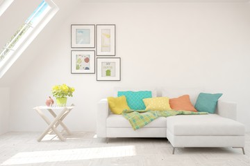 Modern living room in white color with sofa. Scandinavian interior design. 3D illustration