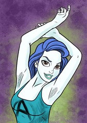 A illustration of a woman with her arms up with hairy underarms
