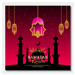 Islamic Holy Month. Ramadan Kareem background vector with mosque icon.