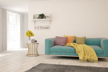 Modern living room in white color with sofa. Scandinavian interior design. 3D illustration