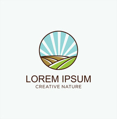 Round landscape nature logo Design  Vector Stock . Landscape Garden Logo Design agriculture. Eco farm logo Design