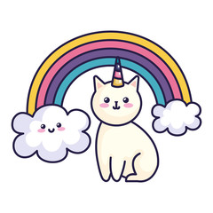 cute cat unicorn with rainbow kawaii style icon vector illustration design