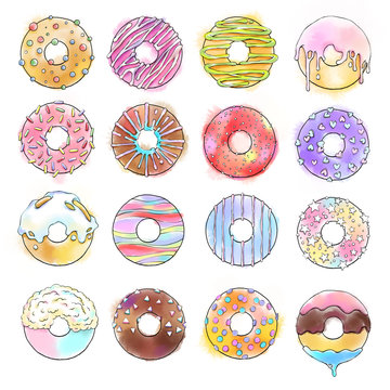 Colorful donuts icons set. Sweet bakery watercolor illustration.